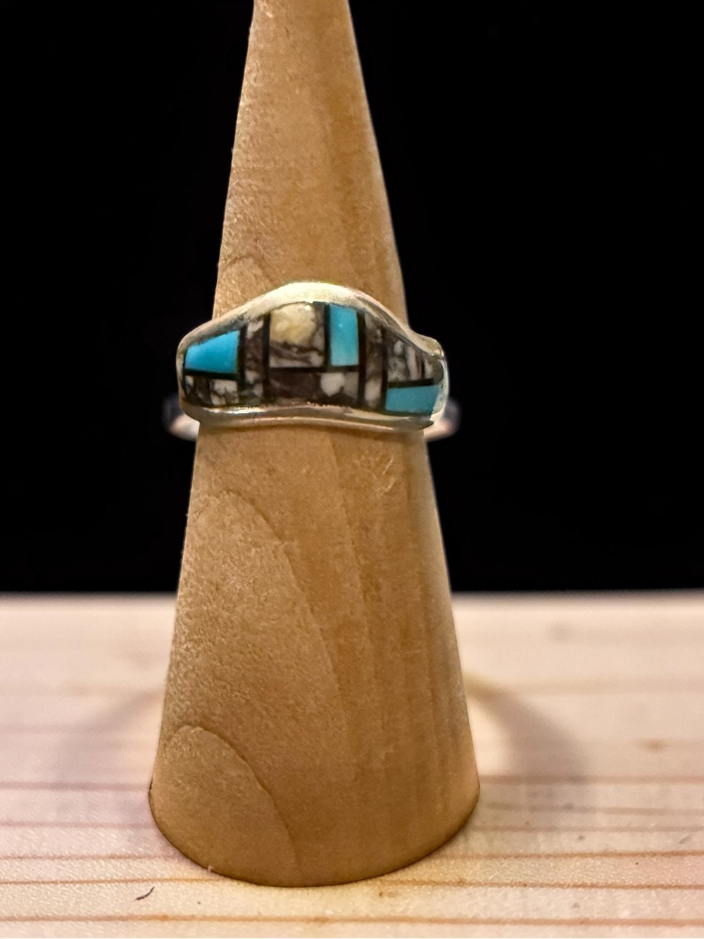 Turquoise Inlay Silver Ring - Blue Mosaic Design - Picture 1 of 5